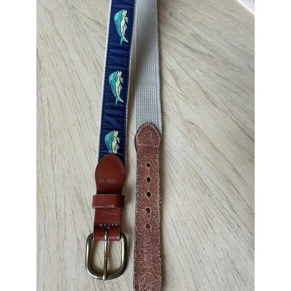 Leather Man LTD Canvas Belt Mens 32 Fish Mahi Blue Dolphin Brass Buckle USA Dad - Picture 7 of 12
